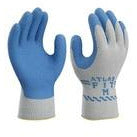 white and light blue gloves with rubber coated palm and fingertips